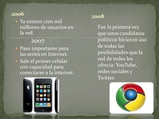 2006                           2008
  Ya existen cien mil
   millones de usuarios en       Fue la primera vez
   la red.                       que unos candidatos
        2007                     políticos hicieron uso
  Paso importante para
                                 de todas las
   las series en Internet.       posibilidades que la
  Sale el primer celular
                                 red de redes les
   con capacidad para            ofrecía: YouTube,
   conectarse a la internet.     redes sociales y
                                 Twitter.
 