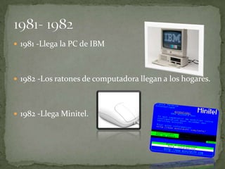 1981 -Llega la PC de IBM




 1982 -Los ratones de computadora llegan a los hogares.




 1982 -Llega Minitel.
 