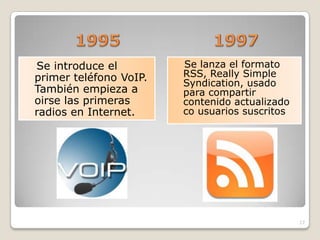 Se introduce el         Se lanza el formato
primer teléfono VoIP.   RSS, Really Simple
                        Syndication, usado
También empieza a       para compartir
oirse las primeras      contenido actualizado
radios en Internet.     co usuarios suscritos




                                                17
 