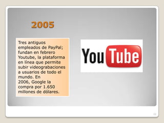 Tres antiguos
empleados de PayPal;
fundan en febrero
Youtube, la plataforma
en línea que permite
subir videograbaciones
a usuarios de todo el
mundo. En
2006, Google la
compra por 1.650
millones de dólares.




                         22
 