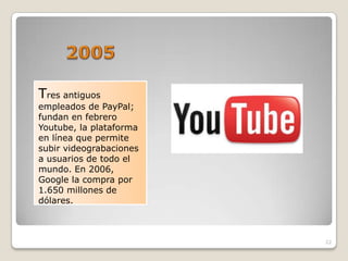 Tres antiguos
empleados de PayPal;
fundan en febrero
Youtube, la plataforma
en línea que permite
subir videograbaciones
a usuarios de todo el
mundo. En 2006,
Google la compra por
1.650 millones de
dólares.



                         22
 
