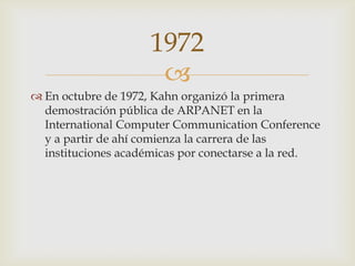 
 En octubre de 1972, Kahn organizó la primera
demostración pública de ARPANET en la
International Computer Communication Conference
y a partir de ahí comienza la carrera de las
instituciones académicas por conectarse a la red.
1972
 