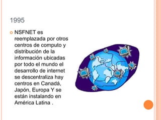 1995
 NSFNET es
reemplazada por otros
centros de computo y
distribución de la
información ubicadas
por todo el mundo el
desarrollo de internet
se descentraliza hay
centros en Canadá,
Japón, Europa Y se
están instalando en
América Latina .
 