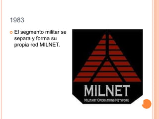 1983
 El segmento militar se
separa y forma su
propia red MILNET.
 