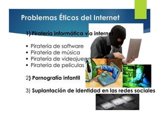 Problemas Éticos del Internet
1) Piratería informática vía internet
 Piratería de software
 Piratería de música
 Piratería de videojuegos
 Piratería de películas
2) Pornografía infantil
3) Suplantación de identidad en las redes sociales
 