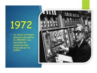 1972
 Se realizó la Primera
demostración pública
de ARPANET, una
nueva Red de
comunicaciones
financiada por la
DARPA.
 