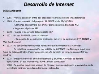 Desarrollo de Internet
DESDE 1969-1984
• 1965 -Primera conexión entre dos ordenadores mediante una línea telefónica
• 1969 -Primera conexión del proyecto ARPANET el día 29/10/1969
- Comienza el desarrollo del primer protocolo de red llamado NCP
- Se genera el primer RFC
• 1970 -Finaliza el desarrollo del protocolo NCP
• 1971 - La red ARPANET conecta 14 nodos
- Desarrollo de los primeros protocolos del nivel de aplicación: FTP, TELNET y
Mail Box Protocol
• 1973 - Ya son 30 las instituciones norteamericanas conectadas a ARPANET
- Se establece una conexión por satélite de ARPANET con Noruega, la primera
fuera de Estados Unidos. Posteriormente ese año también se conecta con un IMP en
Londres
• 1975 - Después de varios años de desarrollo y pruebas, ARPANET se declara
operacional. En ese momento ya hay 61 nodos conectados
• 1980 - Se publica la primera versión de Ethernet que más adelante se convertirá en la
tecnología estándar para las redes locales cableadas
 