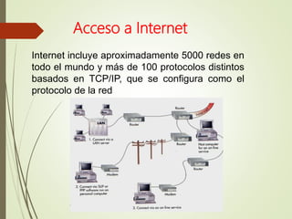 Internet incluye aproximadamente 5000 redes en
todo el mundo y más de 100 protocolos distintos
basados en TCP/IP, que se configura como el
protocolo de la red
Acceso a Internet
 