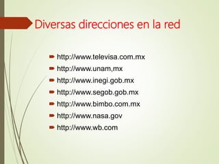 Diversas direcciones en la red
 http://www.televisa.com.mx
 http://www.unam,mx
 http://www.inegi.gob.mx
 http://www.segob.gob.mx
 http://www.bimbo.com.mx
 http://www.nasa.gov
 http://www.wb.com
 