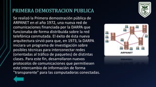 PRIMERA DEMOSTRACION PUBLICA
Se realizó la Primera demostración pública de
ARPANET en el año 1972, una nueva red de
comunicaciones financiada por la DARPA que
funcionaba de forma distribuida sobre la red
telefónica conmutada. El éxito de ésta nueva
arquitectura sirvió para que, en 1973, la DARPA
iniciara un programa de investigación sobre
posibles técnicas para interconectar redes
(orientadas al tráfico de paquetes) de distintas
clases. Para este fin, desarrollaron nuevos
protocolos de comunicaciones que permitiesen
este intercambio de información de forma
"transparente" para las computadoras conectadas.
 