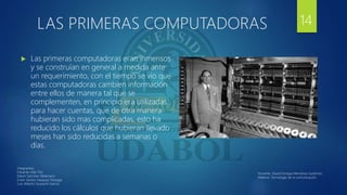 LAS PRIMERAS COMPUTADORAS
 Las primeras computadoras eran inmensos
y se construían en general a medida ante
un requerimiento, con el tiempo se vio que
estas computadoras cambien información
entre ellos de manera tal que se
complementen, en principio era utilizadas
para hacer cuentas, que de otra manera
hubieran sido mas complicadas, esto ha
reducido los cálculos que hubieran llevado
meses han sido reducidas a semanas o
días.
14
Integrantes:
Eduardo Isita Tito
Edwin Sanchez Albarracin
Erwin Santos Vasquez Veizaga
Luis Alberto Guarachi Garcia
Docente: David Enrique Mendoza Gutiérrez.
Materia: Tecnología de la comunicación.
 