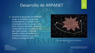 Desarrollo de ARPANET
 Durante el desarrollo de ARPANET
surge un problema ya que las
computadoras no podían estar
conectadas entre si y surge la idea
de la creación de nodos entre las
computadoras principales y la red
que estén dentro y fuera de
estados unidos teniendo sus
primeras conexiones con reino
unido y noruega en 1973.
1.4 En caso de que no funcione un nodo salta al
otro.
5
Integrantes:
Eduardo Isita Tito
Edwin Sanchez Albarracin
Erwin Santos Vasquez Veizaga
Luis Alberto Guarachi Garcia
Docente: David Enrique Mendoza Gutiérrez.
Materia: Tecnología de la comunicación.
 