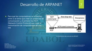 Desarrollo de ARPANET
 Para que las computadoras se entiendan
entre si se tenia que crear un protocolo de
comunicación y el primero fue NCP
(Network Control Protocol) que regia la
comunicación de computadoras de una
red.
Integrantes:
Eduardo Isita Tito
Edwin Sanchez Albarracin
Erwin Santos Vasquez Veizaga
Luis Alberto Guarachi Garcia
Docente: David Enrique Mendoza Gutiérrez.
Materia: Tecnología de la comunicación.
7
1.6. Arquitectura del protocolo de ARPANET
 