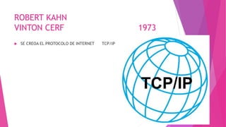 ROBERT KAHN
VINTON CERF 1973
 SE CREOA EL PROTOCOLO DE INTERNET TCP/IP
 