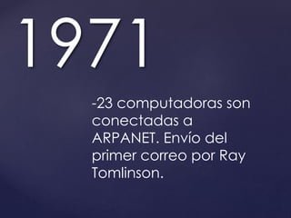 1971 
-23 computadoras son 
conectadas a 
ARPANET. Envío del 
primer correo por Ray 
Tomlinson. 
 