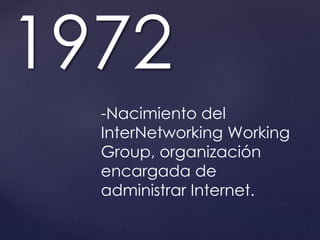 1972 
-Nacimiento del 
InterNetworking Working 
Group, organización 
encargada de 
administrar Internet. 
 