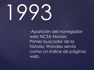 1993 
-Aparición del navegador 
web NCSA Mosaic 
Primer buscador de la 
historia, Wandex servía 
como un índice de páginas 
web. 
 