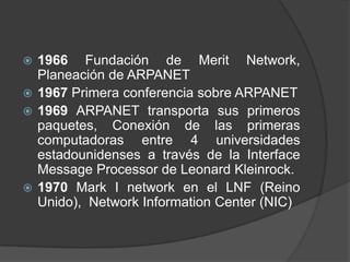 1966 Fundación de Merit Network,
Planeación de ARPANET
 1967 Primera conferencia sobre ARPANET
 1969 ARPANET transporta sus primeros
paquetes, Conexión de las primeras
computadoras entre 4 universidades
estadounidenses a través de la Interface
Message Processor de Leonard Kleinrock.
 1970 Mark I network en el LNF (Reino
Unido), Network Information Center (NIC)


 
