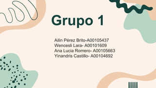 Grupo 1
Ailin Pérez Brito-A00105437
Wencesli Lara- A00101609
Ana Lucia Romero- A00105663
Yinandris Castillo- A00104692
 