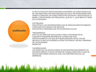 EL MOTIVO DE ESTA INVESTIGACIÓN ES EXPONER LAS CARACTERÍSTICAS
DE UNA INDUSTRIA CASI DESCONOCIDA QUE ES EL NETWORK MARKETING.
DANDO A CONOCER LAS CARACTERÍSTICAS POSITIVAS Y NEGATIVAS DE LA
MISMA. CONTESTANDO LAS PREGUNTAS ¿QUÉ ES? Y ¿QUÉ IMPACTO TIENE
EN LA SOCIEDAD?
FACTIBILIDAD:
ENCUESTAS A LOS DISTRIBUIDORES QUE SE DEDICAN ESPECÍFICAMENTE
A REALIZAR ESTE MODELO DE NEGOCIO
ENCUESTAS A PERSONAS QUE NO SE DEDICAN A ELLOS
TRACENDENCIA:
ESTE ES UN TEMA QUE INVOLUCRA A TODA LA SOCIEDAD EN SU
CONJUNTO PERSONAS MAYORES DE 18 AÑOS QUE SON
ESPECÍFICAMENTE LOS QUE SE PUEDEN DEDICAR A ESTE TIPO DE
NEGOCIO YA QUE ES UN MODELO ATRACTIVO PARA EL RETIRO TEMPRANO
DE LAS PERSONAS
MAGNITUD:
VULNERAVILIDAD:
LAS CEDES DE LAS INSTALACONES SE ENCUENTRAN MAYORMENTE EN
ESTADOS UNIDOS Y/O EN EL ESTADO DE GUADALAJARA POR LO QUE SE
DIFICULTARA TENER CONTACTO CON LOS CORPORATIVOS DE LAS
EMPRESAS
Justificación
 