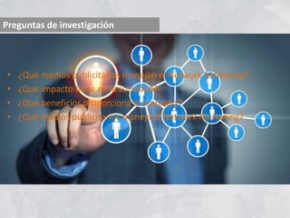 • ¿Qué medios publicitarios manejan el Network Marketing?
• ¿Qué impacto tiene en la sociedad?
• ¿Qué beneficios proporciona al mercado?
• ¿Qué medios publicitarios maneja el Network Marketing?
Preguntas de investigación
 