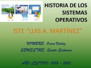 HISTORIA DE LOS
                   SISTEMAS
                 OPERATIVOS
ISTE “LUIS A. MARTÍNEZ”
    NOMBRE: Oscar Valdez
  SEMESTRE: Quinto Sistemas

  AÑO LECTIVO: 2012 – 2013
 