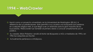 1994 – WebCrawler
 Nació como un proyecto universitario, en la Universidad de Washington (EE.UU.) A
diferencia de sus pre...