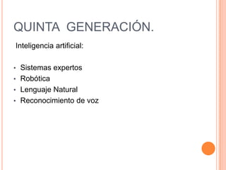 TERCERA  GENERACIÓN. Inicio a partir de 1965Su fabricación electrónica esta basada en circuitos integrados o chips.Eran computadores de tamaño mediano y más baratosSu manejo es por medio de los lenguajes de control de los sistemas operativos. 