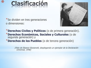 *
*Se dividen en tres generaciones
o dimensiones:
*Derechos Civiles y Políticos (o de primera generación).
*Derechos Económicos, Sociales y Culturales (o de
segunda generación) y
*Derechos de los Pueblos (o de tercera generación)
(Foto de Eleanor Roosevelt, desplegando un ejemplar de la Declaración
Universal, 1948)
 