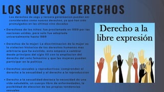LOS NUEVOS DERECHOS
Los derechos de segu y tercera genereacion pueden ser
considerados como nuevos derechos, ya que han sido
promulgados en las ultimas cino decadas
Derechosa de los niños: fue proclamada en 1959 por las
naciones unidas, pero solo fue adoptada
universalmente hasta 1989
Derechos de la mujer: La discriminacion de la mujer es
la violacion historica de los derechos humanos mas
arbitraria que ha existido, esto empezo a cambiar
desde principos del siglo XX con la ampliacion del
derecho del voto femenino y que las mujeres puedan
participar en la politica
Derechos sexuales y reproductivos: comprenden el
derecho a la sexualidad y el derecho a la reproduccion
Derecho a la sexualidad:destaca la necesidad de una
vida saludable, un cuerpo libre de enfermedades, la
posibildad de eleccion de las propias tendencias
sexuales
 