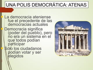  La democracia ateniense
fue el precedente de las
democracias actuales
 Democracia significa
(poder del pueblo), pero
no era un sistema en el
que todos podían
participar
 Sólo los ciudadanos
podían votar y ser
elegidos

UNA POLIS DEMOCRÁTICA: ATENAS
 