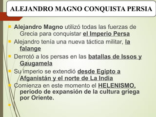  Alejandro Magno utilizó todas las fuerzas de
Grecia para conquistar el Imperio Persa
 Alejandro tenía una nueva táctica militar, la
falange
 Derrotó a los persas en las batallas de Issos y
Gaugamela
 Su imperio se extendió desde Egipto a
Afganistán y el norte de La India
 Comienza en este momento el HELENISMO,
periodo de expansión de la cultura griega
por Oriente.

ALEJANDRO MAGNO CONQUISTA PERSIA
 