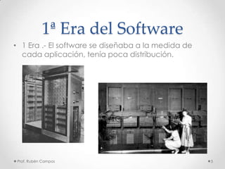 1ª Era del Software
• 1 Era .- El software se diseñaba a la medida de
cada aplicación, tenía poca distribución.
Prof. Rubén Campos 5
 