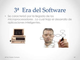 3ª Era del Software
• Se caracterizó por la llegada de los
microprocesadores . Lo cual trajo el desarrollo de
aplicaciones inteligentes.
Prof. Rubén Campos 7
 