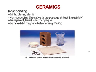 Chapter 1 -
CERAMICS
13
Fig 1.8 Familiar objects that are made of ceramic materials
Ionic bonding
–Brittle, glassy, elastic
–Non-conducting (insulative to the passage of heat & electricity)
–Transparent, translucent, or opaque
–Some exhibit magnetic behavior (e.g. Fe3O4)
 