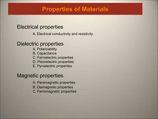 Properties of Materials
Electrical properties
A. Electrical conductivity and resistivity
Dielectric properties
A. Polarizability
B. Capacitance
C. Ferroelectric properties
D. Piezoelectric properties
E. Pyroelectric properties
Magnetic properties
A. Paramagnetic properties
B. Diamagnetic properties
C. Ferromagnetic properties
 