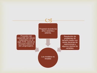  
Los modelos no 
lineales 
Proceden del 
desarrollo del cálculo 
matemático en el 
siglo XVIII, siendo el 
concepto básico el 
del Langrangiano. 
Progresó durante los 
años sesenta y 
setenta, 
Resolución de 
problemas de 
tamaño medio con 
varias decenas de 
restricciones y 
algunos cientos de 
variables. 
 