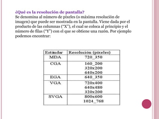 ¿Qué es la resolución de pantalla? Se denomina al número de píxeles (o máxima resolución de imagen) que puede ser mostrada en la pantalla. Viene dada por el producto de las columnas (“X”), el cual se coloca al principio y el número de filas (“Y”) con el que se obtiene una razón. Por ejemplo podemos encontrar: 