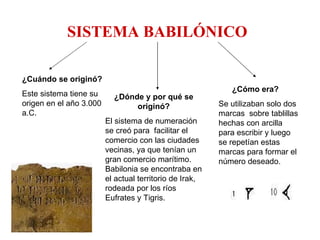 SISTEMA BABILÓNICO ¿Cuándo se originó? Este sistema tiene su origen en el año 3.000 a.C.  ¿Dónde y por qué se originó? El sistema de numeración se creó para  facilitar el comercio con las ciudades vecinas, ya que tenían un gran comercio marítimo. Babilonia se encontraba en el actual territorio de Irak, rodeada por los ríos Eufrates y Tigris.  ¿Cómo era? Se utilizaban solo dos marcas  sobre tablillas hechas con arcilla para escribir y luego se repetían estas marcas para formar el número deseado.  