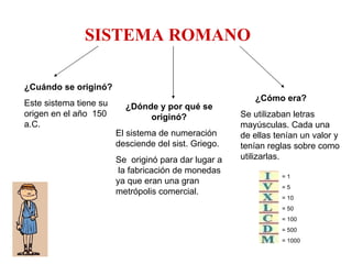SISTEMA ROMANO ¿Cuándo se originó? Este sistema tiene su origen en el año  150 a.C.  ¿Dónde y por qué se originó? El sistema de numeración desciende del sist. Griego.  Se  originó para dar lugar a  la fabricación de monedas ya que eran una gran metrópolis comercial. ¿Cómo era? Se utilizaban letras mayúsculas. Cada una de ellas tenían un valor y tenían reglas sobre como utilizarlas. = 1 = 5 = 10 = 50 = 100 = 500 = 1000 