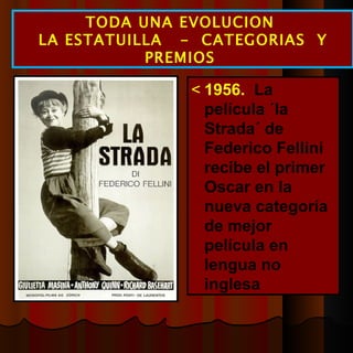  1956.  La película ´la Strada´ de Federico Fellini recibe el primer Oscar en la nueva categoría de mejor película en lengua no inglesa TODA UNA EVOLUCION  LA ESTATUILLA  -  CATEGORIAS  Y PREMIOS  
