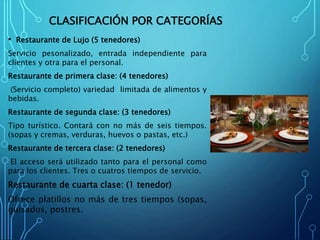 CLASIFICACIÓN POR CATEGORÍAS
• Restaurante de Lujo (5 tenedores)
Servicio pesonalizado, entrada independiente para
clientes y otra para el personal.
Restaurante de primera clase: (4 tenedores)
(Servicio completo) variedad limitada de alimentos y
bebidas.
Restaurante de segunda clase: (3 tenedores)
Tipo turístico. Contará con no más de seis tiempos.
(sopas y cremas, verduras, huevos o pastas, etc.)
Restaurante de tercera clase: (2 tenedores)
El acceso será utilizado tanto para el personal como
para los clientes. Tres o cuatros tiempos de servicio.
Restaurante de cuarta clase: (1 tenedor)
Ofrece platillos no más de tres tiempos (sopas,
guisados, postres.
 