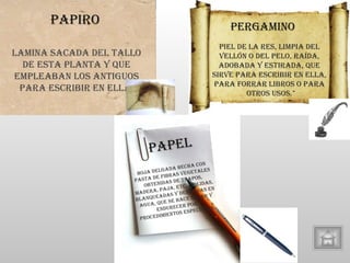 PAPIRO PERGAMINO  PAPEL Lamina sacada del tallo de esta planta y que empleaban los antiguos para escribir en ella. Piel de la res, limpia del vellón o del pelo, raída, adobada y estirada, que sirve para escribir en ella, para forrar libros o para otros usos. Hoja delgada hecha con pasta de fibras vegetales obtenidas de trapos, madera, paja, etc., molidas, blanqueadas y desleídas en agua, que se hace secar y endurecer por procedimientos especiales. 