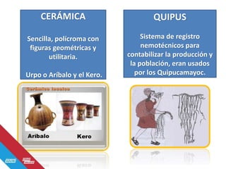 CERÁMICA
Sencilla, polícroma con
figuras geométricas y
utilitaria.
Urpo o Aríbalo y el Kero.
QUIPUS
Sistema de registro
nemotécnicos para
contabilizar la producción y
la población, eran usados
por los Quipucamayoc.
 
