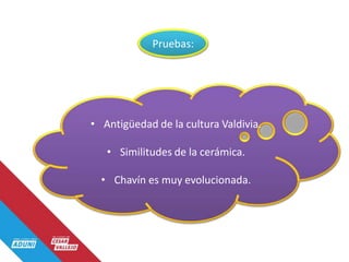 Pruebas:
• Antigüedad de la cultura Valdivia.
• Similitudes de la cerámica.
• Chavín es muy evolucionada.
 