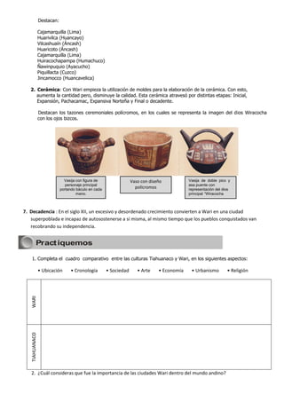 Destacan:

                             Cajamarquilla (Lima)
                             Huarivilca (Huancayo)
                             Vilcashuaín (Áncash)
                             Huaricoto (Áncash)
                             Cajamarquilla (Lima)
                             Huiracochapampa (Humachuco)
                             Ñawinpuquio (Ayacucho)
                             Piquillacta (Cuzco)
                             Jincamocco (Huancavelica)

                2. Cerámica: Con Wari empieza la utilización de moldes para la elaboración de la cerámica. Con esto,
                   aumenta la cantidad pero, disminuye la calidad. Esta cerámica atravesó por distintas etapas: Inicial,
                   Expansión, Pachacamac, Expansiva Norteña y Final o decadente.

                             Destacan los tazones ceremoniales polícromos, en los cuales se representa la imagen del dios Wiracocha
                             con los ojos bizcos.




                                           Vasija con figura de                 Vaso con diseño           Vasija de doble pico y
                                            personaje principal                                           asa puente con
                                         portando báculo en cada
                                                                                  polícromos              representación del dios
                                                  mano.                                                   principal “Wiracocha”



             7. Decadencia : En el siglo XII, un excesivo y desordenado crecimiento convierten a Wari en una ciudad
                superpoblada e incapaz de autosostenerse a sí misma, al mismo tiempo que los pueblos conquistados van
                recobrando su independencia.


                       Pract iquemos

                1. Completa el cuadro comparativo entre las culturas Tiahuanaco y Wari, en los siguientes aspectos:

                             • Ubicación      • Cronología         • Sociedad      • Arte    • Economía    • Urbanismo         • Religión
                WARI
TIAHUANACO



                TIAHUANACO




                2. ¿Cuál consideras que fue la importancia de las ciudades Wari dentro del mundo andino?
 