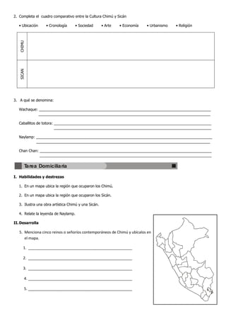 2. Completa el cuadro comparativo entre la Cultura Chimú y Sicán

   • Ubicación     • Cronología       • Sociedad      • Arte   • Economía   • Urbanismo   • Religión
   CHIMU
   SICAN




3. A qué se denomina:

   Wachaque: ___________________________________________________________________________________
             ___________________________________________________________________________________

   Caballitos de totora: ____________________________________________________________________________
                         ____________________________________________________________________________

   Naylamp: _____________________________________________________________________________________
            ____________________________________________________________________________________

   Chan Chan: ___________________________________________________________________________________
              ___________________________________________________________________________________

       Tarea Domiciliaria

I. Habilidades y destrezas

   1. En un mapa ubica la región que ocuparon los Chimú.

   2. En un mapa ubica la región que ocuparon los Sicán.

   3. Ilustra una obra artística Chimú y una Sicán.

   4. Relate la leyenda de Naylamp.

II. Desarrolla

   5. Menciona cinco reinos o señoríos contemporáneos de Chimú y ubícalos en
      el mapa.

      1. __________________________________________________

      2. __________________________________________________

      3. __________________________________________________

       4. __________________________________________________

       5. __________________________________________________
 