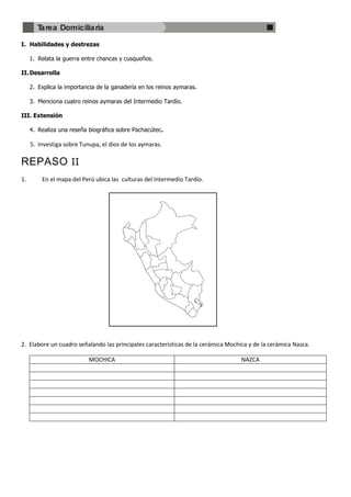 Tarea Domiciliaria

I. Habilidades y destrezas

     1. Relata la guerra entre chancas y cusqueños.

II. Desarrolla

     2. Explica la importancia de la ganadería en los reinos aymaras.

     3. Menciona cuatro reinos aymaras del Intermedio Tardío.

III. Extensión

     4. Realiza una reseña biográfica sobre Pachacútec.

     5. Investiga sobre Tunupa, el dios de los aymaras.

REPASO II
1.       En el mapa del Perú ubica las culturas del Intermedio Tardío.




2. Elabore un cuadro señalando las principales características de la cerámica Mochica y de la cerámica Nasca.

                           MOCHICA                                                 NAZCA
 