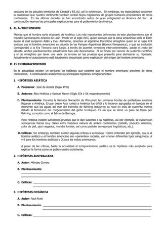 vestigios en los actuales territorios de Canadá y EE.UU. así lo evidencian. Sin embargo, los especialistas sostienen
  la posibilidad que nuestro continente también recibió flujos migratorios de grupos humanos procedentes de otros
  continentes. En las últimas décadas se han encontrado restos de gran antigüedad en América del Sur. A
  continuación veamos las principales explicaciones para el poblamiento de América.

I. EL AUTOCTONISMO

  Plantea que el hombre sería originario de América. Los más importantes defensores de este planteamiento son el
  maestro sanmarquino Antonio de León Pinelo en el siglo XVII, quien sostuvo que la selva amazónica sería el Edén
  desde el cual surgieron Adán y Eva. Asimismo, tenemos al argentino Florentino Ameghino quien en el siglo XIX
  sostuvo que el hombre americano es oriundo de las Pampas Argentinas (Homos Pampeanus), y que su evolución
  correspondió a la Era Terciaria para luego, a través de puentes terrestres intercontinentales, poblar el resto del
  planeta. Ambos planteamientos actualmente han sido descartados. El de Pinelo por carecer de sustento científico
  y el de Ameghino por tener una serie de errores en las pruebas que presentó para demostrar su hipótesis.
  Actualmente el autoctonismo está totalmente descartado como explicación del origen del hombre americano.

II. EL INMIGRACIONISMO

  En la actualidad existen un conjunto de hipótesis que sostiene que el hombre americano proviene de otros
  continentes. A continuación analicemos las principales hipótesis inmigracioncitas:

  1. HIPÓTESIS ASIÁTICA

     A. Precursor: José de Acosta (Siglo XVII)

     B. Autores: Alex Hrdlicka y Samuel Haven (Siglo XIX y XX respectivamente)

     C. Planteamiento: Durante la llamada Glaciación de Wisconsin las primeras hordas de pobladores asiáticos
        llegaron a América. Cruzar desde Asia rumbo a América fue difícil y lo hicieron agrupados en bandas en el
        momento que las aguas del mar del Estrecho de Behring redujeron su nivel en más de cuarenta metros
        debido al fenómeno del congelamiento del globo terráqueo. Es así que se abrió un paso de tierra por
        Behring, conocido como el Istmo de Beringia.

        Para Hrdlicka existen suficientes pruebas que le dan sustento a su hipótesis, así por ejemplo, se evidencian
        semejanzas físicas muy claras entre hombres nativos de ambos continentes (cabello, pómulos salientes,
        color de piel, ojos rasgados, mancha lumbar, así como posibles semejanzas lingüísticas, etc.).

     D. Críticas: Sin embargo, también existen algunas críticas a su trabajo : Cómo entender por ejemplo, que si el
        hombre asiático y el hombre americano son «parientes» raciales, van a tener diferentes tipos sanguíneos, A
        y B para los hombres asiáticos y O para los indios americanos.

        A pesar de las críticas, hasta la actualidad el inmigracionismo asiático es la hipótesis más aceptada para
        explicar la forma como se pobló nuestro continente.

  2. HIPÓTESIS AUSTRALIANA

     A. Autor: Méndes Correia

     B. Planteamiento:
        _______________________________________________________________________________________
        ___________________________________________________________________________

     C. Críticas: _______________________________________________________________________________
                 ____________________________________________________________________

  3. HIPÓTESIS OCEÁNICA

     A. Autor: Paul Rivet

     B. Planteamiento: _________________________________________________________________________
                      _______________________________________________________________

     C. Críticas: _______________________________________________________________________________
 