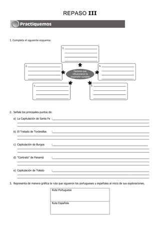 REPASO III



1. Completa el siguiente esquema:

                                            3.




             2.                                                               4.

                                                        Factores que
                                                      influenciaron la
                                                    expansión europea


                    1.                                                   5.




2. Señale los principales puntos de:

   a) La Capitulación de Santa Fe :__________________________________________________________________
      __________________________________________________________________________________________
      __________________________________________________________________________________________

   b) El Tratado de Tordesillas :__________________________________________________________________
      __________________________________________________________________________________________
      __________________________________________________________________________________________

   c) Capitulación de Burgos :_________________________________________________________________
      __________________________________________________________________________________________
      __________________________________________________________________________________________

   d) "Contrato" de Panamá   :__________________________________________________________________
      __________________________________________________________________________________________
      __________________________________________________________________________________________

   e) Capitulación de Toledo :__________________________________________________________________
      __________________________________________________________________________________________
      __________________________________________________________________________________________

3. Representa de manera gráfica la ruta que siguieron los portugueses y españoles al inicio de sus exploraciones.

                                    Ruta Portuguesa



                                    Ruta Española
 
